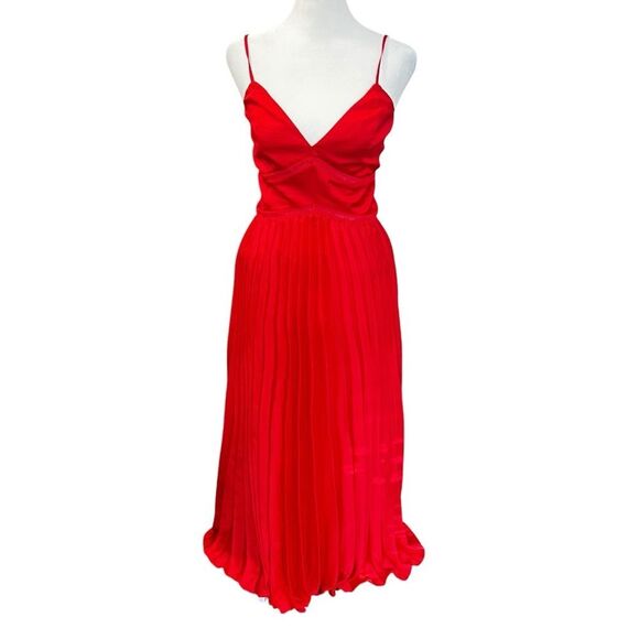 Bardot Red Satin Pleated Lattice Gown Midi Maxi Dress Size 4 Formal - Picture 4 of 13